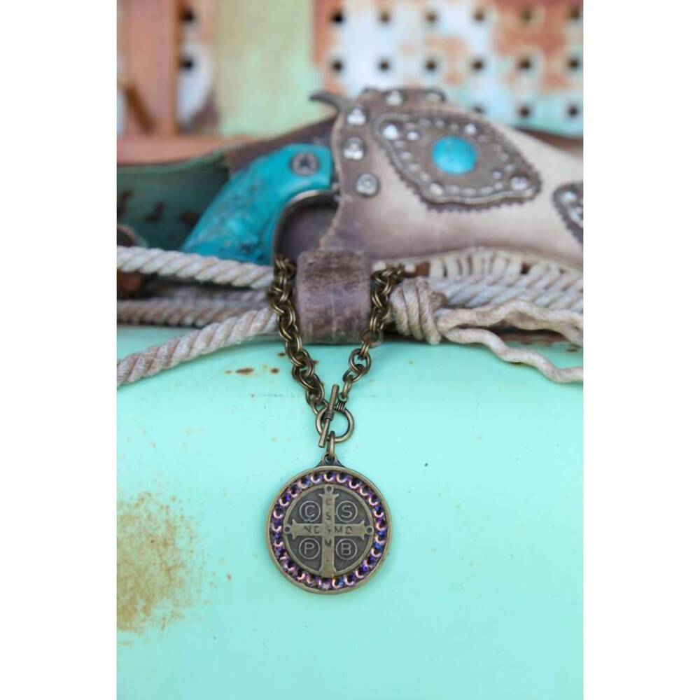 NEW PINK PANACHE women's saint benedict medal necklace in bronze